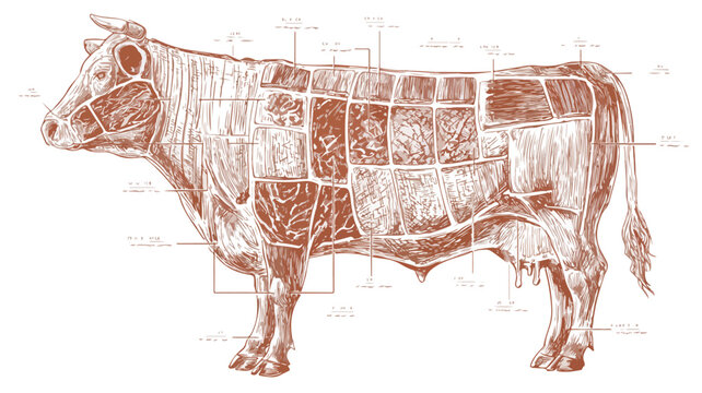 Beef Cuts Butcher's Guide Cow Silhouette Cutting Diagram