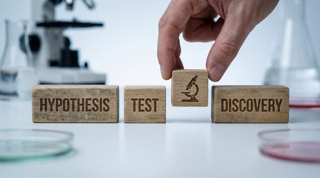 Scientific method concept photo. Human hand placing wooden block with microscope icon between hypothesis, test, and discovery text blocks in laboratory setting.