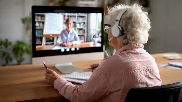 Education training class. Knowledge learning improvement study. An elderly woman seated at a wooden desk, wearing a pink shirt and headphones, intently watching a video call on a computer screen.