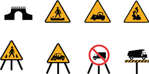Road Construction and Traffic Warning Signs Vector Set © Nupoor's World