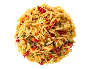 A plate of flavorful orzo pasta with red chili peppers and herbs. The pasta dish is fresh and aromatic, ready to be enjoyed Isolated Transparent Background, PNG