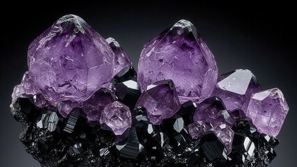 Fototapeta premium Stunning Amethyst Crystals With Deep Black Accents On Dark Background