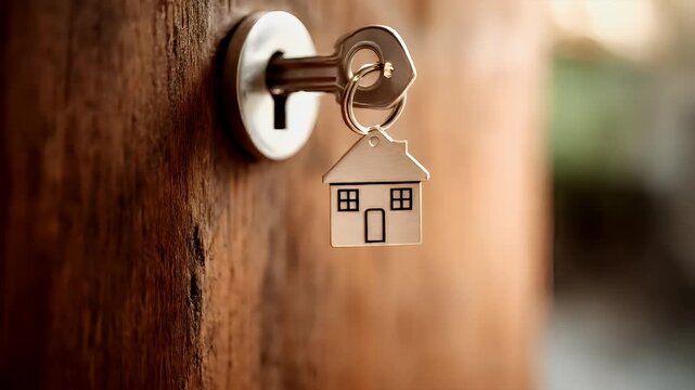 Real estate business market, house home building purchase sale. A wooden door with a keychain attached to it, featuring a houseshaped key. The background is slightly blurred.