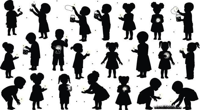 Children silhouette catching fireflies at night, kids holding glowing jar and light, magical childhood summer activity illustration isolated on white background