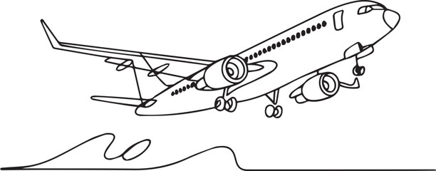Fototapeta premium Airplane landing on a runway, with mountains in the background, viewed from the side, in a simple line art style