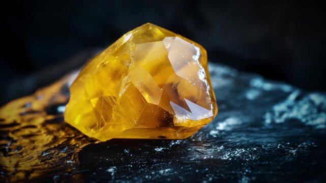 Closeup of luminous citrine gemstone reflecting rich yellow hues