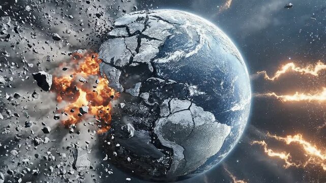 Deteriorating earth planet with cracks and debris. Catastrophic explosion concept or end of world. Global destruction, climate change.