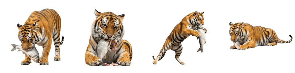 Obraz premium Set of Majestic Bengal Tigers Eating Meat and Fish, Powerful Wild Cat Predator Feeding Action Collection in Various Poses Isolated on White Transparent PNG Background