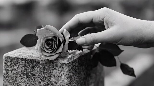 Womans hand gently places a single rose on a tombstone, depicting loss, grief, and remembrance in a monochrome cemetery scene