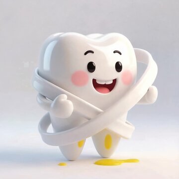 Video Muela animada usando hilo dental como aro de hulahoop para limpieza, concepto educativo sobre uso del hilo dental, cuidado interdental y h&aacute;bitos saludables en higiene bucal, 3D simp&aacute;tico. Sarro