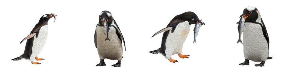Set of Gentoo Penguins Eating Fish, Antarctic Bird Wildlife Feeding Action Collection in Multiple Poses Isolated on White Transparent PNG Background © jesus lover