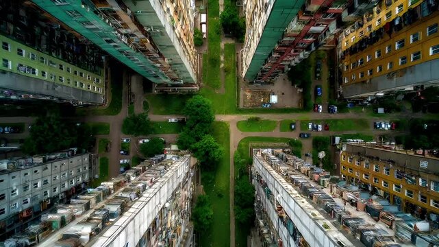 Real estate business market, house home building purchase sale. An aerial view of a multistory building complex with cars parked in the parking lot, surrounded by lush green grass and trees.