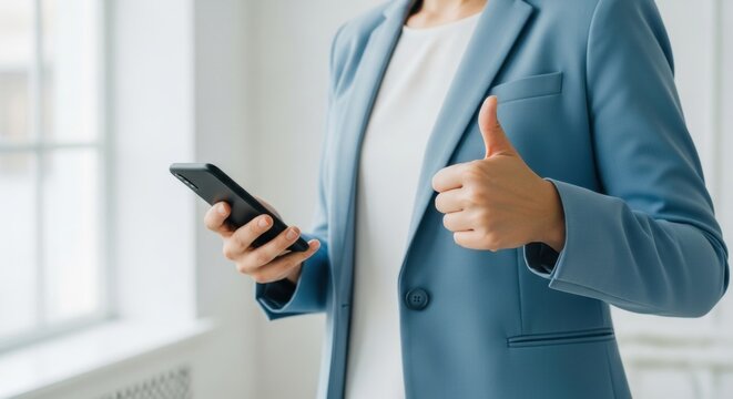 A professional woman in a stylish blue blazer holds a smartphone in one hand while confidently giving a thumbs-up gesture, signaling approval, success, or positive feedback in a business context.