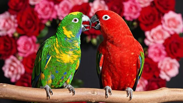 Colorful Parrots on Branch with Roses Background colorful birds green parrot red parrot birds on branch
