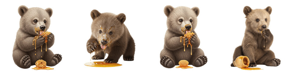 Set of 4 Cute Grizzly Bear Cub Collection, Eating Honey, Realistic Brown Bear Baby (Ursus arctos horribilis) Feeding Behaviors, Isolated on White Transparent PNG Background © zartaj