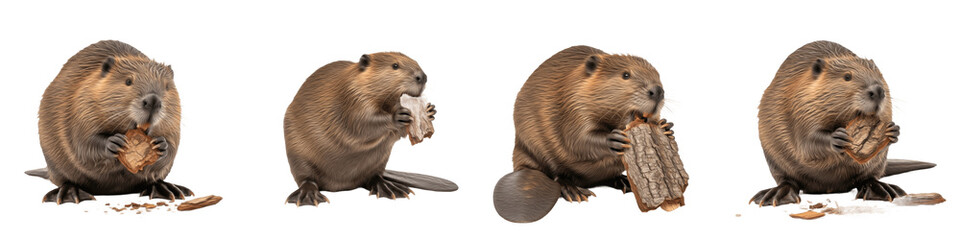 Set of 4 North American Beaver Collection, Gnawing and Eating Wood Bark, Realistic Beaver (Castor canadensis) Feeding Behaviors, Isolated on White Transparent PNG Background © jesus lover