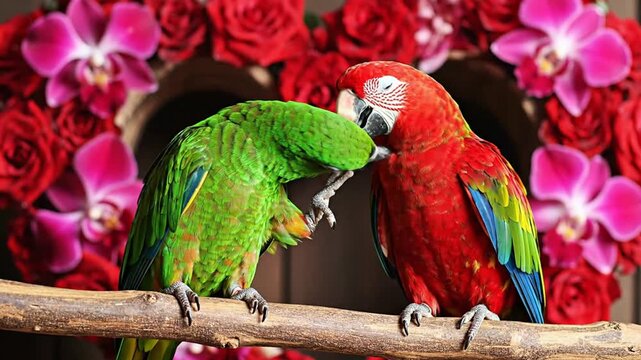 Colorful parrots on branch with flowers colorful birds green parrot red parrot macaw