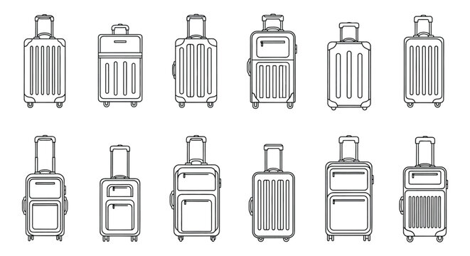 Collection of twelve different rolling suitcase outlines.