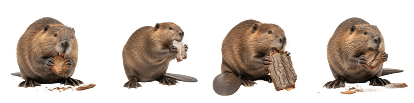 Set of 4 North American Beaver Collection, Gnawing and Eating Wood Bark, Realistic Beaver (Castor canadensis) Feeding Behaviors, Isolated on White Transparent PNG Background