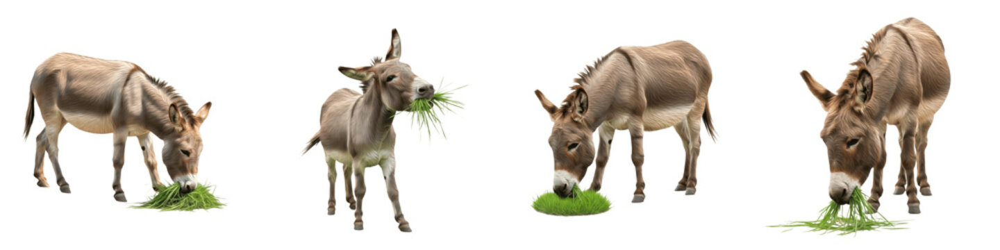 Set of 4 Donkey Collection, Eating Green Grass, Domestic Donkey (Equus africanus asinus) Grazing and Feeding, Isolated on White Transparent PNG Background