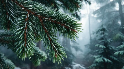 Obraz premium Close-up of evergreen pine branches with frosty needles in a misty forest setting during winter