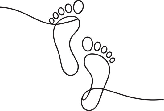 Continuous line drawing of human footprints walking on a path, journey, footsteps, travel, footsteps