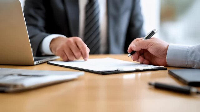 Real estate business market, house home building purchase sale. A man in a suit signing a document with a pen while seated at a table with a laptop, papers, and other objects.