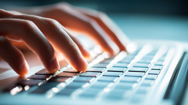 A close-up of a person's hands typing on a laptop keyboard against a soft sunlight backdrop, symbolizing office work, programming, or blogging.