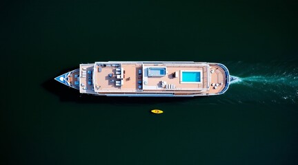 An aerial view showcases a luxurious white yacht gliding across the deep blue ocean leaving a wake behind it high quality professional detailed modern
