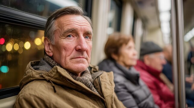 Elderly caucasian man in winter coat sitting on a train, reflecting thoughtfully during evening commute with blurred city lights in background