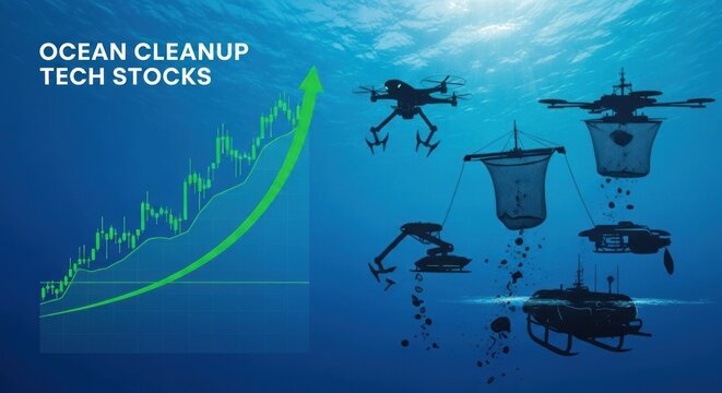 Ocean cleanup technology stocks rising futuristic drone fleet illustration