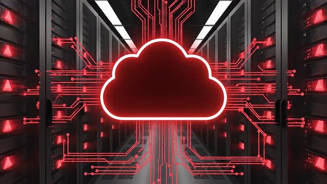 Cloud computing data center with red glowing cloud icon