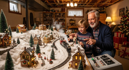 Fototapeta premium Grandfather and young child enjoying a festive train scene
