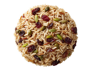 A delightful view of a flavorful rice pilaf with dried cranberries and pistachios. This pilaf is presented in a circular arrangement. Isolated Transparent Background, PNG