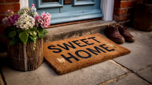 Real estate business market, house home building purchase sale. A vibrant scene of a house with a door, a doormat with the words Sweet Home printed on it, a potted plant with flowers.
