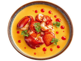 Delicious lobster bisque soup in a bowl, garnished with fresh herbs and a drizzle of flavorful sauce. A culinary delight Isolated Transparent Background, PNG