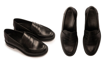 Black leather loafers isolated on white background.