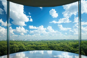 Fototapeta premium Modern architectural interior with a sweeping curved window offering a panoramic view of a lush green cityscape and a bright blue sky filled with fluffy white clouds.