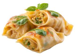 Delectable filled pastry wraps, garnished with fresh basil leaves. A close-up view of three golden-brown pastry rolls, filled with a savory filling. Isolated Transparent Background, PNG