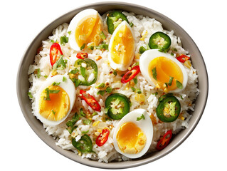 A close-up shot of a delicious meal. The dish features cooked rice, perfectly cooked egg, some vegetables and spices Isolated Transparent Background, PNG