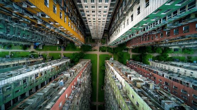 Real estate business market, house home building purchase sale. An aerial view of a multistory building complex with a vibrant array of windows, lush green grass, and various plants.