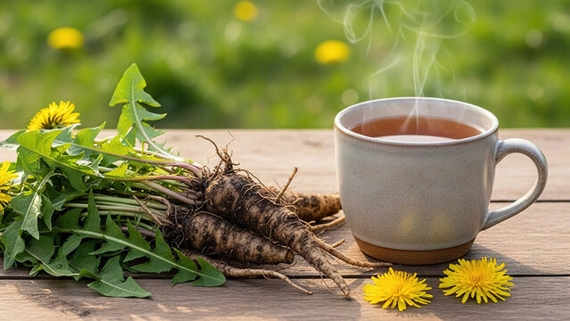 Herbal tea with dandelion root on a wooden table