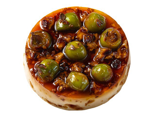 A delicious and appetizing cheesecake topped with green olives and sauce, shot from a high angle Isolated Transparent Background, PNG