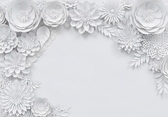 Professional 3d render, digital illustration, white paper flowers background, wedding decoration, bridal lace, greeting card template, blank floral wall decor for Creative Use