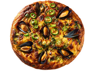 A delectable close-up shot of a gourmet seafood pie, featuring fresh mussels and green peppers Isolated Transparent Background, PNG