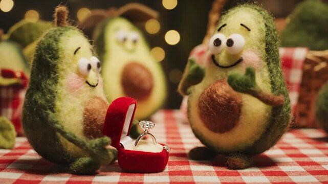 Adorable green avocado characters proposing with diamond ring on red velvet box felted avocado cartoon avocado