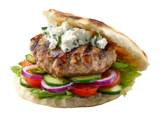 A mouthwatering burger filled with fresh vegetables and cheese Isolated Transparent Background, PNG