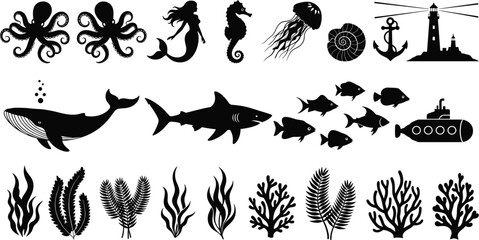 Large collection of black underwater silhouettes featuring whale shark mermaid octopus and coral reef elements isolated on white background for ocean nature design © Hello World