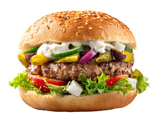 A delicious burger with sesame bun, fresh ingredients Isolated Transparent Background, PNG