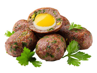 Scotch eggs, featuring a hard-boiled egg surrounded by sausage meat, garnished with parsley Isolated Transparent Background, PNG